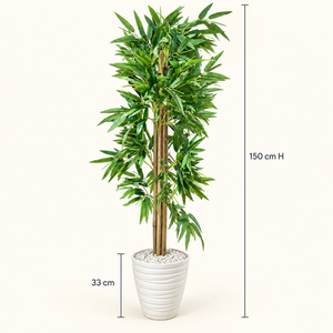 Bambou Artificiel Géant à Tiges Naturelles avec Pot Blanc Ondulé