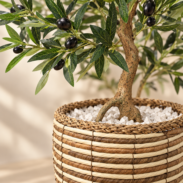 Olivier artificiel avec olives – Tronc naturel et cache-pot en fibre tressée bicolore