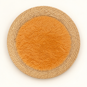 Tapis rond « Soleil » en fibre naturelle tressée et fourrure synthétique orange – Bordure en jonc