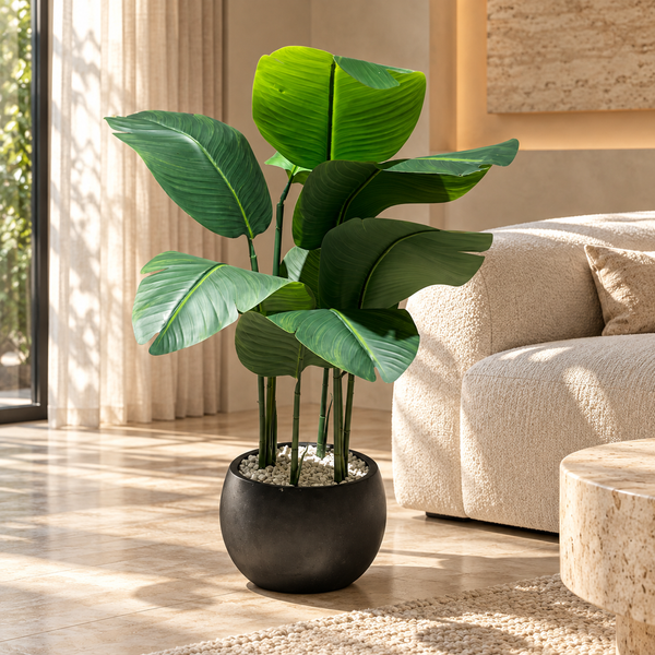 Plante Artificielle Strelitzia (Oiseau de Paradis) avec Pot Rond Noir Effet Béton