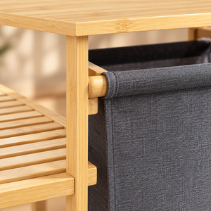 Meuble rangeage 2 en 1 en bambou – Étagère 3 niveaux et panier à linge en tissu gris