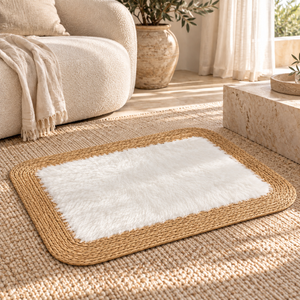 Tapis rectangulaire « Nuage » en fibre naturelle tressée et fourrure synthétique blanche – Bordure en jonc