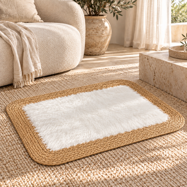 Tapis rectangulaire « Nuage » en fibre naturelle tressée et fourrure synthétique blanche – Bordure en jonc