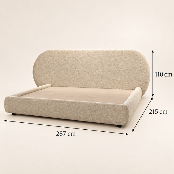 Lit « Lune » en tissu bouclé beige – Tête de lit ovale, design bas