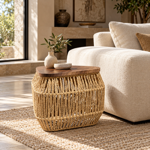 Table d'appoint « Raphia » en corde tressée – Plateau triangulaire en bois effet noyer