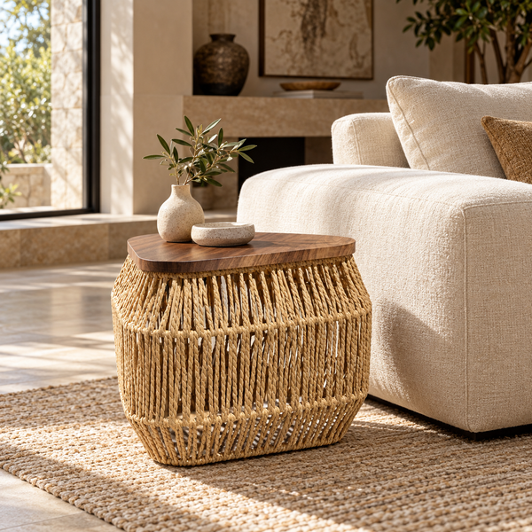 Table d'appoint « Raphia » en corde tressée – Plateau triangulaire en bois effet noyer