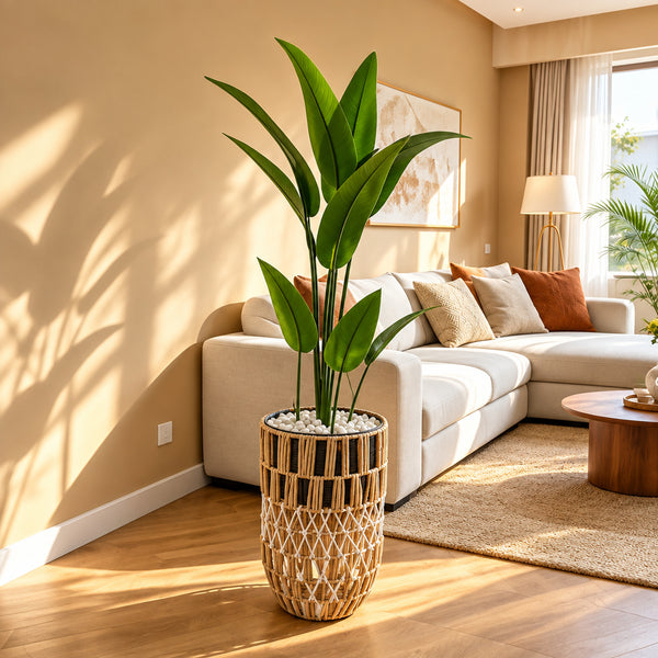 Plante Artificielle Strelitzia avec Pot Décoratif en Corde Tressée