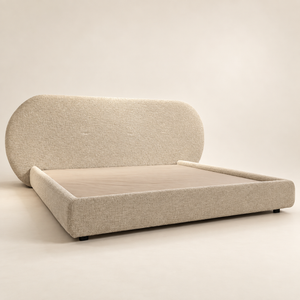 Lit « Lune » en tissu bouclé beige – Tête de lit ovale, design bas
