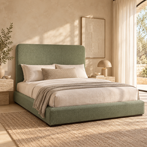 Lit Plateforme Vert Sauge en Tissu Bouclé, Tête de Lit Haute aux Angles Arrondis