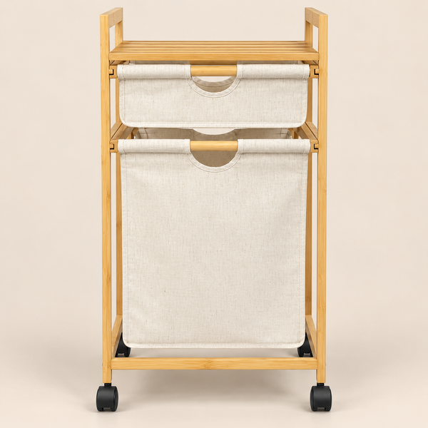 Panier à linge sur roulettes en bambou – 2 sacs en tissu écru amovibles