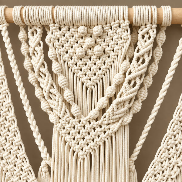 Macramé Mural Bohème en Coton Blanc Écru avec Barre en Bois