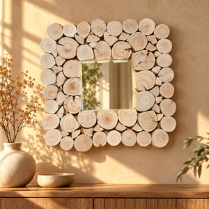 Miroir mural carré en bois naturel – Cadre en rondins empilés, style rustique et chaleureux