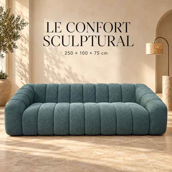 Canapé 3 Places en Bouclette Bleu Canard, Design Capitonné à Larges Chenilles Verticales