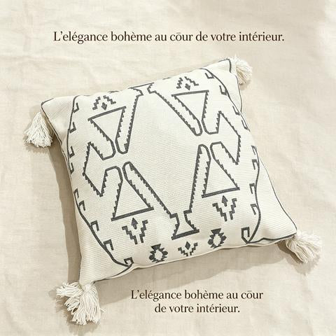 Coussin décoratif écru à motifs tribaux anthracite