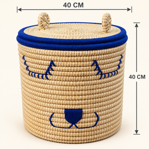 Panier de rangement ourson avec couvercle, fibres naturelles et fil bleu, pour chambre d'enfant