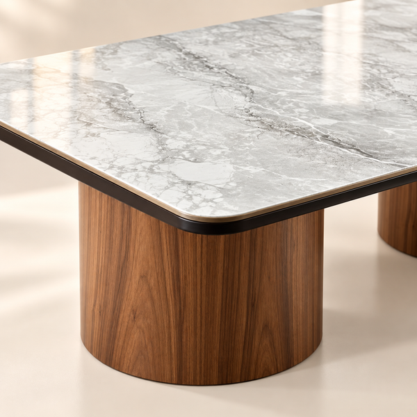 Table basse rectangulaire à double piètement – Bases en noyer et plateau gris effet marbre