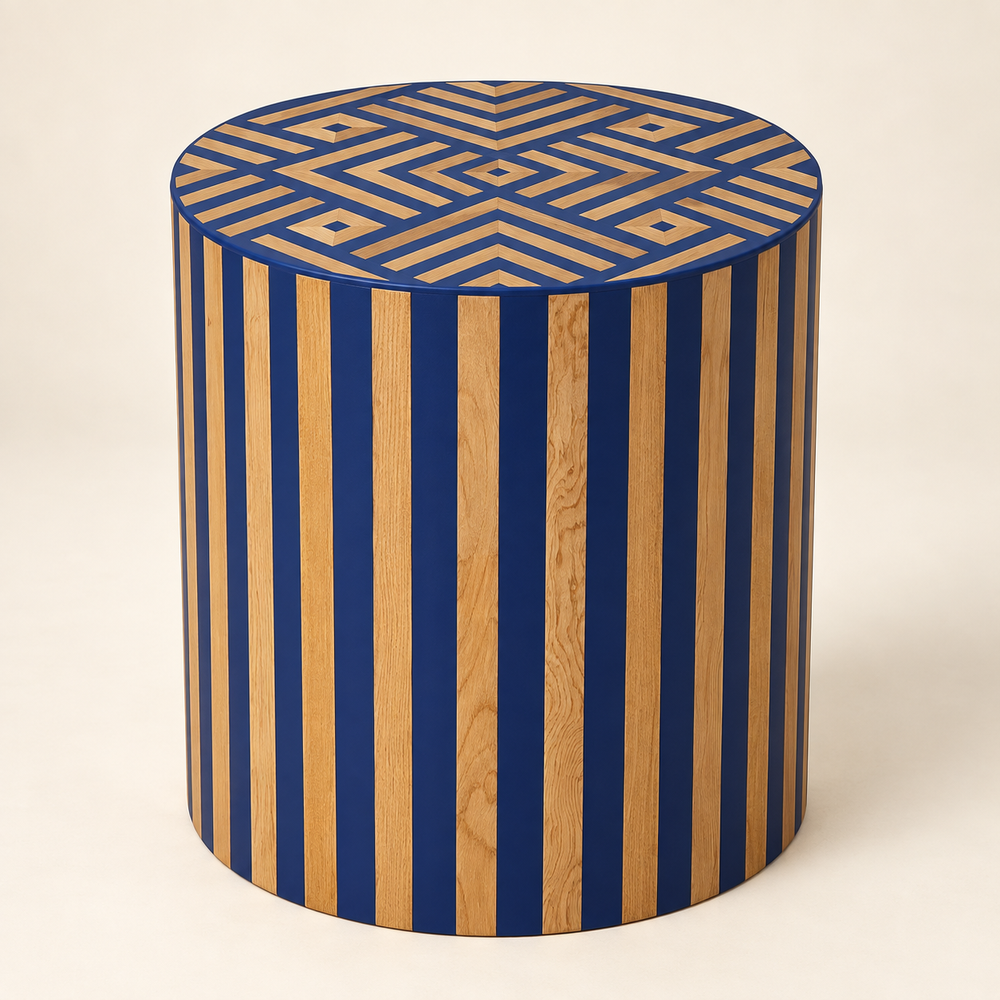 Table d'Appoint Cylindrique en Bois de Chêne et Laque Bleu Roi, Plateau Géométrique