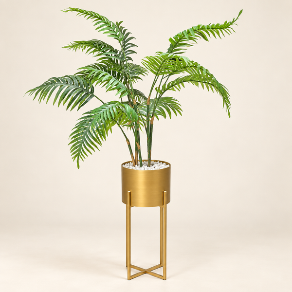 Palmier Artificiel à Palmes Retombantes avec Pot Cylindrique Doré Brossé sur Support Métal