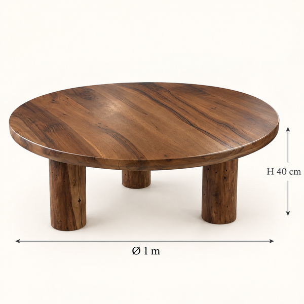 Table basse ronde en bois massif – Trois pieds cylindriques et plateau en noyer naturel