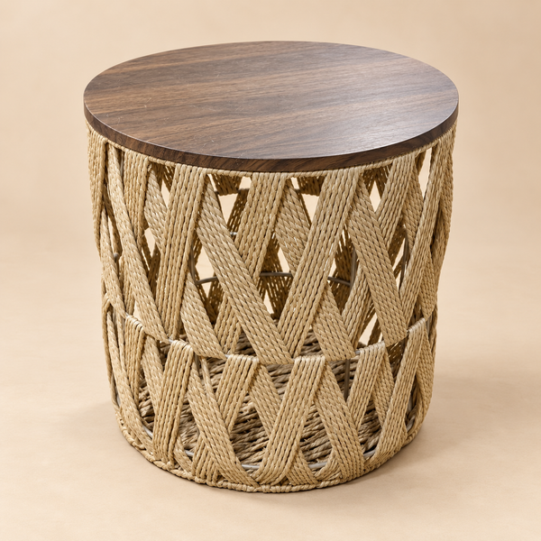 Table d'appoint ronde « Tressée » – Plateau en bois foncé et base en corde de papier tressée