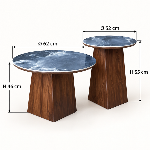 Set de 2 tables basses gigognes « Océan » – Plateaux effet marbre bleu et pieds en bois noyer
