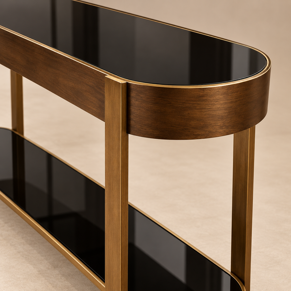Console « Élysée » ovale en bois et laiton – Plateaux en verre noir, double niveau