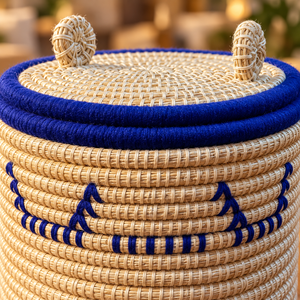 Panier de rangement ourson avec couvercle, fibres naturelles et fil bleu, pour chambre d'enfant