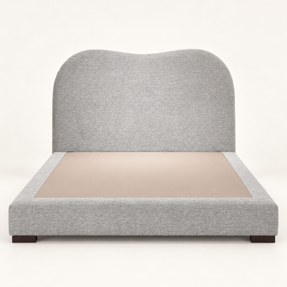 Lit Plateforme Gris Chiné en Tissu Bouclé, Tête de Lit Courbe Ondulée