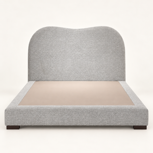 Lit Plateforme Gris Chiné en Tissu Bouclé, Tête de Lit Courbe Ondulée