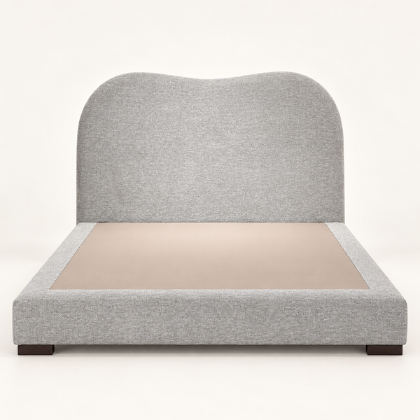 Lit Plateforme Gris Chiné en Tissu Bouclé, Tête de Lit Courbe Ondulée