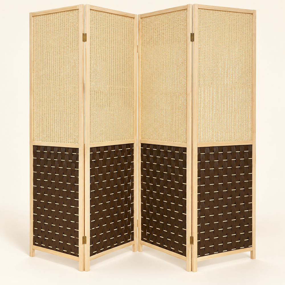 Paravent 4 panneaux – Cadre en bois clair et tissage bicolore beige et marron