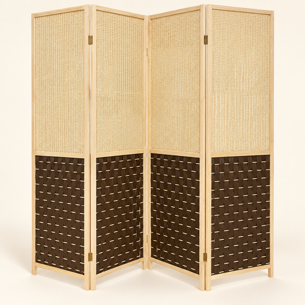 Paravent 4 panneaux – Cadre en bois clair et tissage bicolore beige et marron