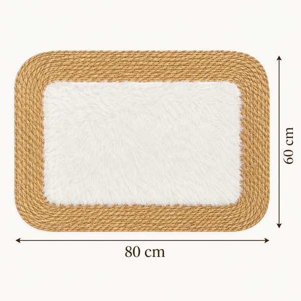 Tapis rectangulaire « Nuage » en fibre naturelle tressée et fourrure synthétique blanche – Bordure en jonc