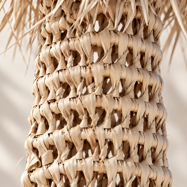 Lampadaire Palmier en Fibres Naturelles Tressées, Pied Ajouré et Abat-jour en Palmes Effilochées