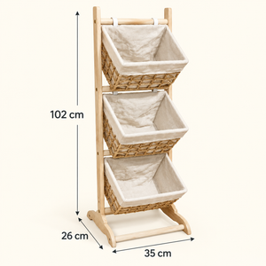 Étagère de rangement à 3 paniers – Structure en bois clair et paniers tressés avec doublure en tissu beige