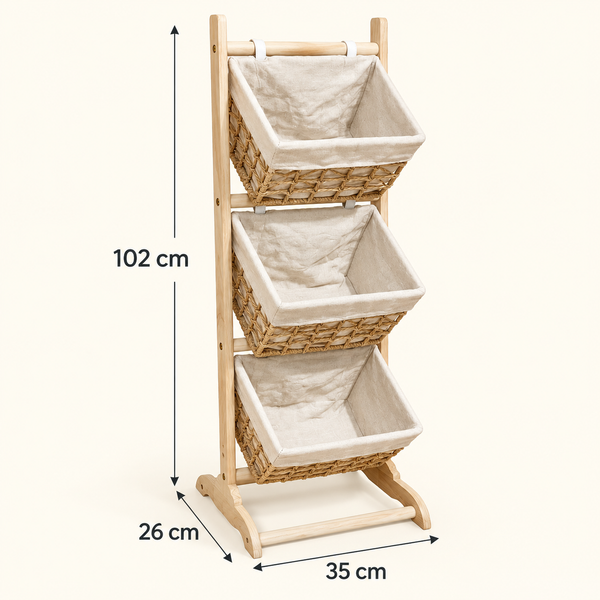 Étagère de rangement à 3 paniers – Structure en bois clair et paniers tressés avec doublure en tissu beige