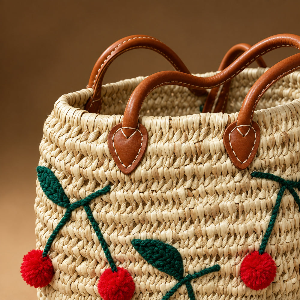 Panier Cabas en Paille Tressée avec Cerises Brodées et Anses en Cuir