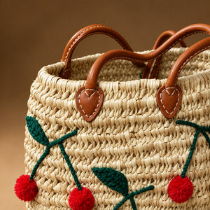 Panier Cabas en Paille Tressée avec Cerises Brodées et Anses en Cuir