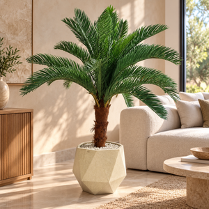 Cycas artificiel (palmier sagou) en pot géométrique beige – Plante effet naturel