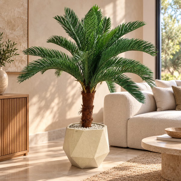 Cycas artificiel (palmier sagou) en pot géométrique beige – Plante effet naturel