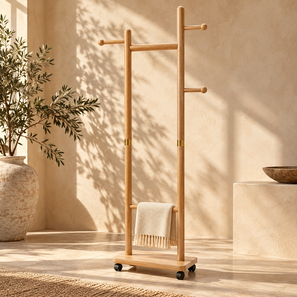 Portant mobile « Sahara » sur roulettes – Bois clair et bague en laiton doré