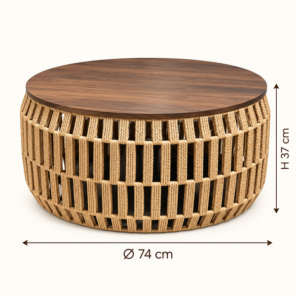 Table basse ronde « Raphia » en corde tressée – Plateau rond en bois effet noyer
