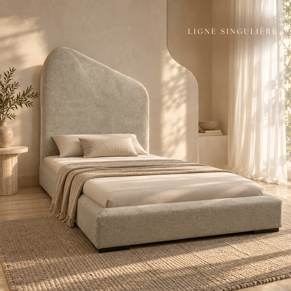 Lit Plateforme Beige Chiné en Tissu Bouclé, Tête de Lit Asymétrique Arrondie