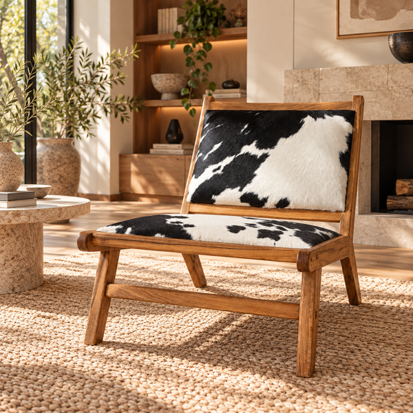 Fauteuil lounge « Pampa » en teck et peau de vache noir et blanc – Design bas