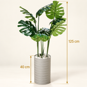 Monstera Deliciosa Artificiel avec Haut Pot Cylindrique Gris Taupe à Fines Rainures