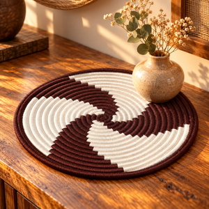 Panier de rangement rond tressé main – Fil marron et blanc, motif graphique en spirale bicolore