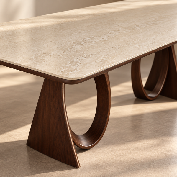 Table à manger rectangulaire sculpturale – Plateau effet travertin et piètements arqués en noyer