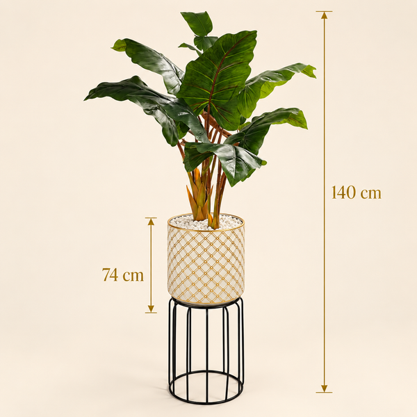 Plante Artificielle Tropicale à Grandes Feuilles avec Pot Céramique Doré et Support Métal Noir