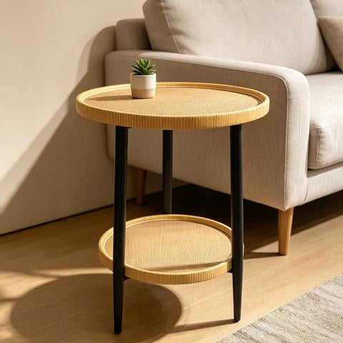 Table d’appoint ronde à deux niveaux en rotin