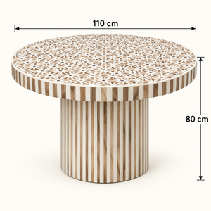 Table Basse Ronde en Marqueterie Bois et Résine Blanche, Motif Géométrique Étoilé et Pied Cylindrique Rayé
